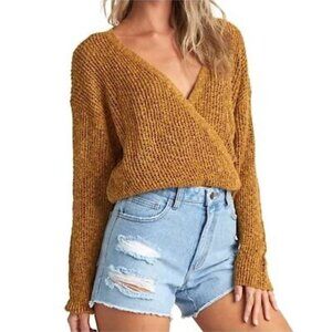 BILLABONG Sweet Bliss Wrap Sweater M Gold Brown VNeck Open Knit Cotton Acrylic